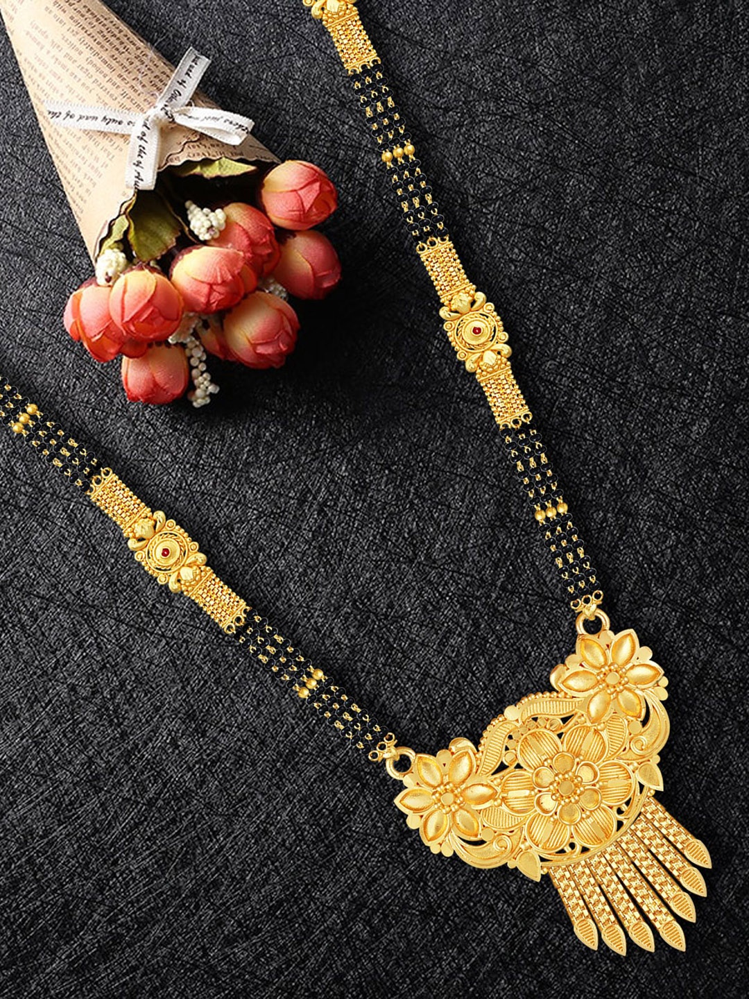 

MANSIYAORANGE Gold-Plated & Beaded Traditional Filgree Design Long Mangalsutra