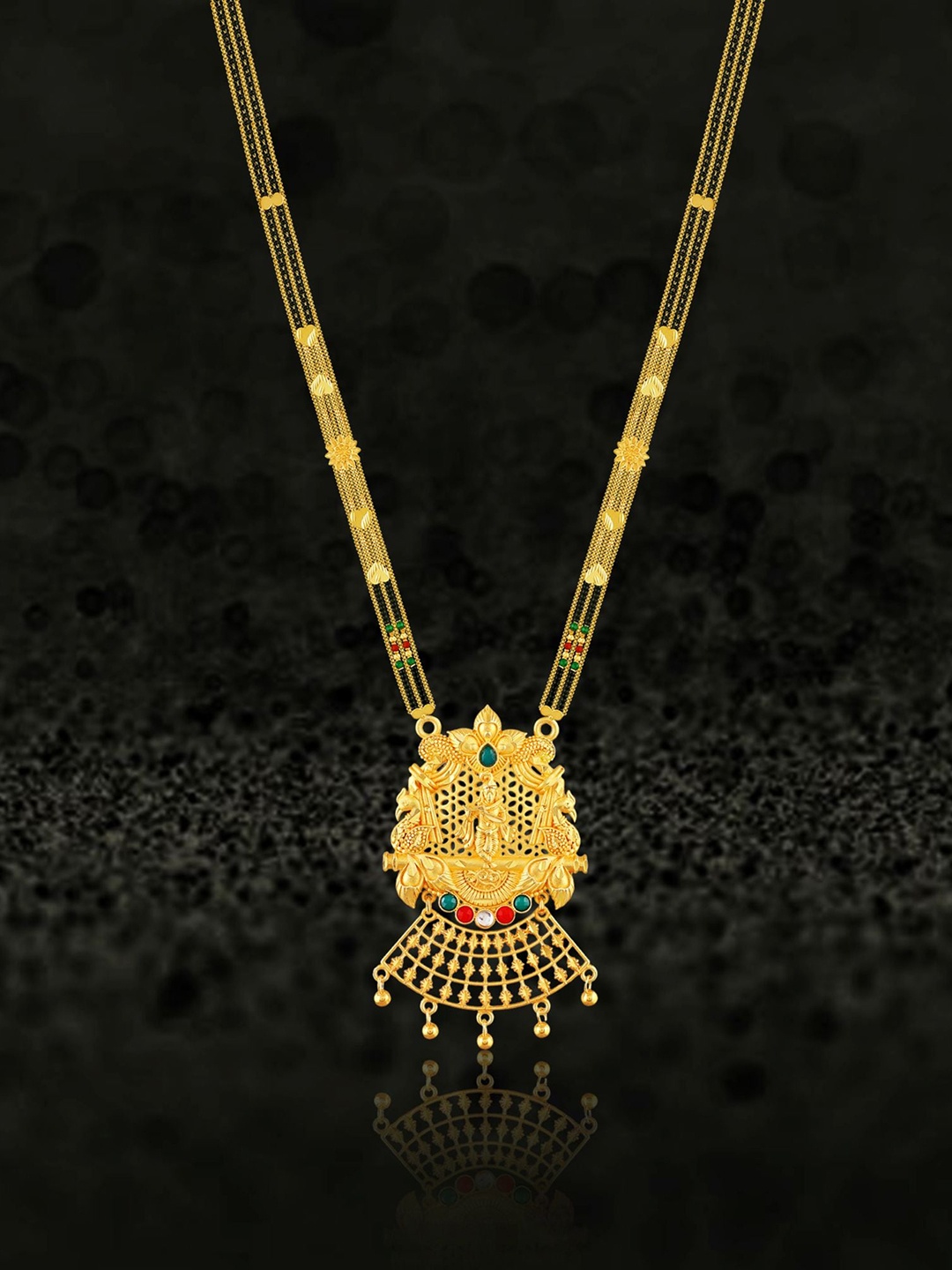 

MANSIYAORANGE Gold-Plated Stone-Studded & Black Beaded Mangalsutra