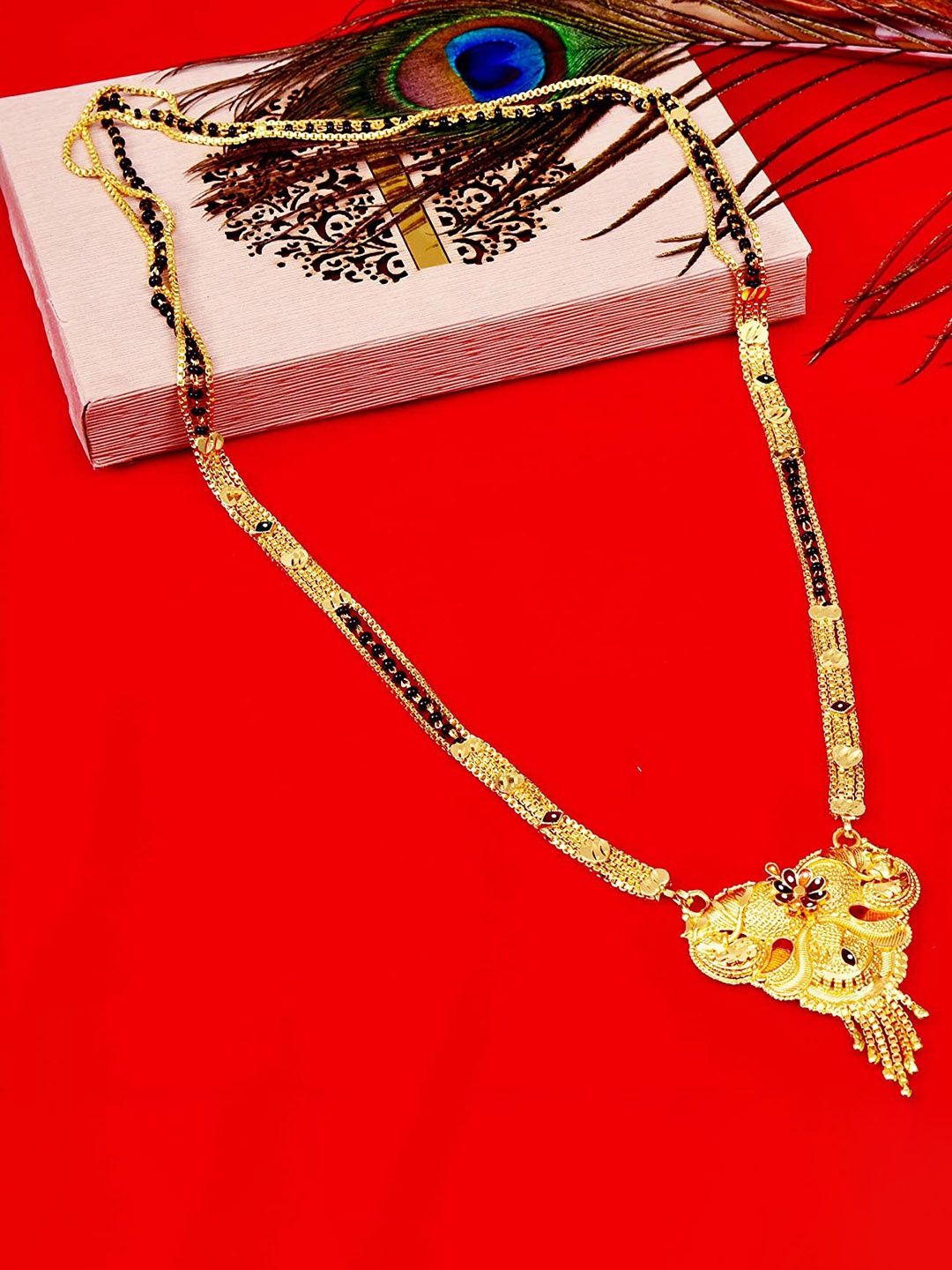 MANSIYAORANGE Gold-Plated Ethnic Motif Enameled Detailed Beaded Mangalsutra