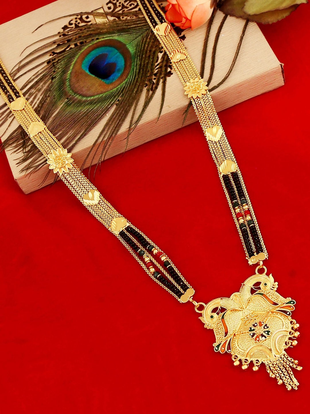 

MANSIYAORANGE Gold-Plated & Beaded Traditional Filgree Design Long Mangalsutra