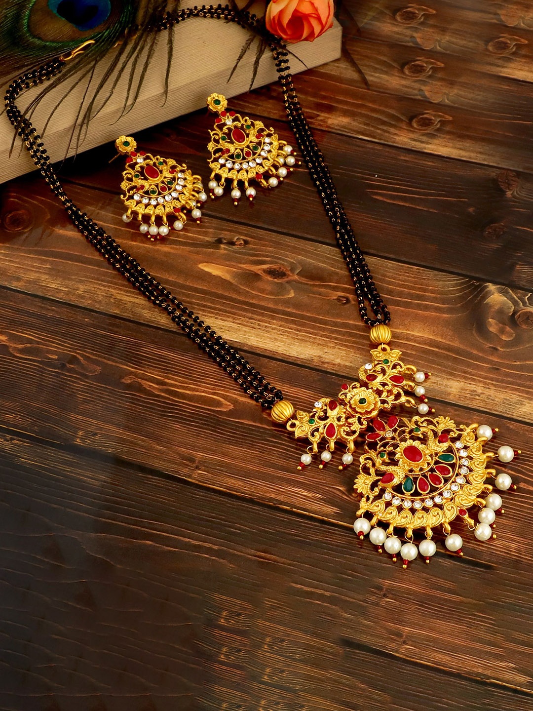 

MANSIYAORANGE Gold-Plated Stone-Studded & Beaded Mangalsutra With Earrings