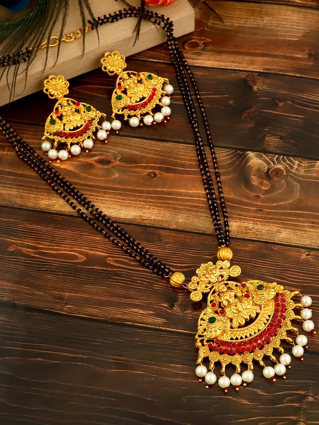 

MANSIYAORANGE Gold-Plated Temple Design Mangalsutra With Earrings