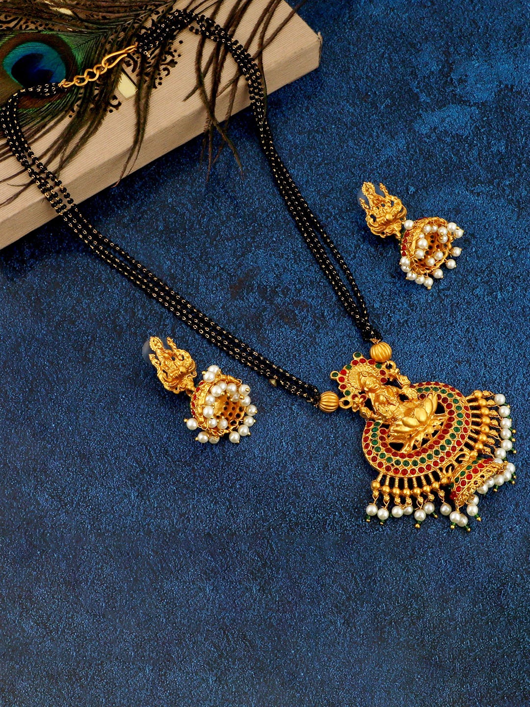 

MANSIYAORANGE Gold-Plated Stone-Studded & Beaded Mangalsutra With Earrings