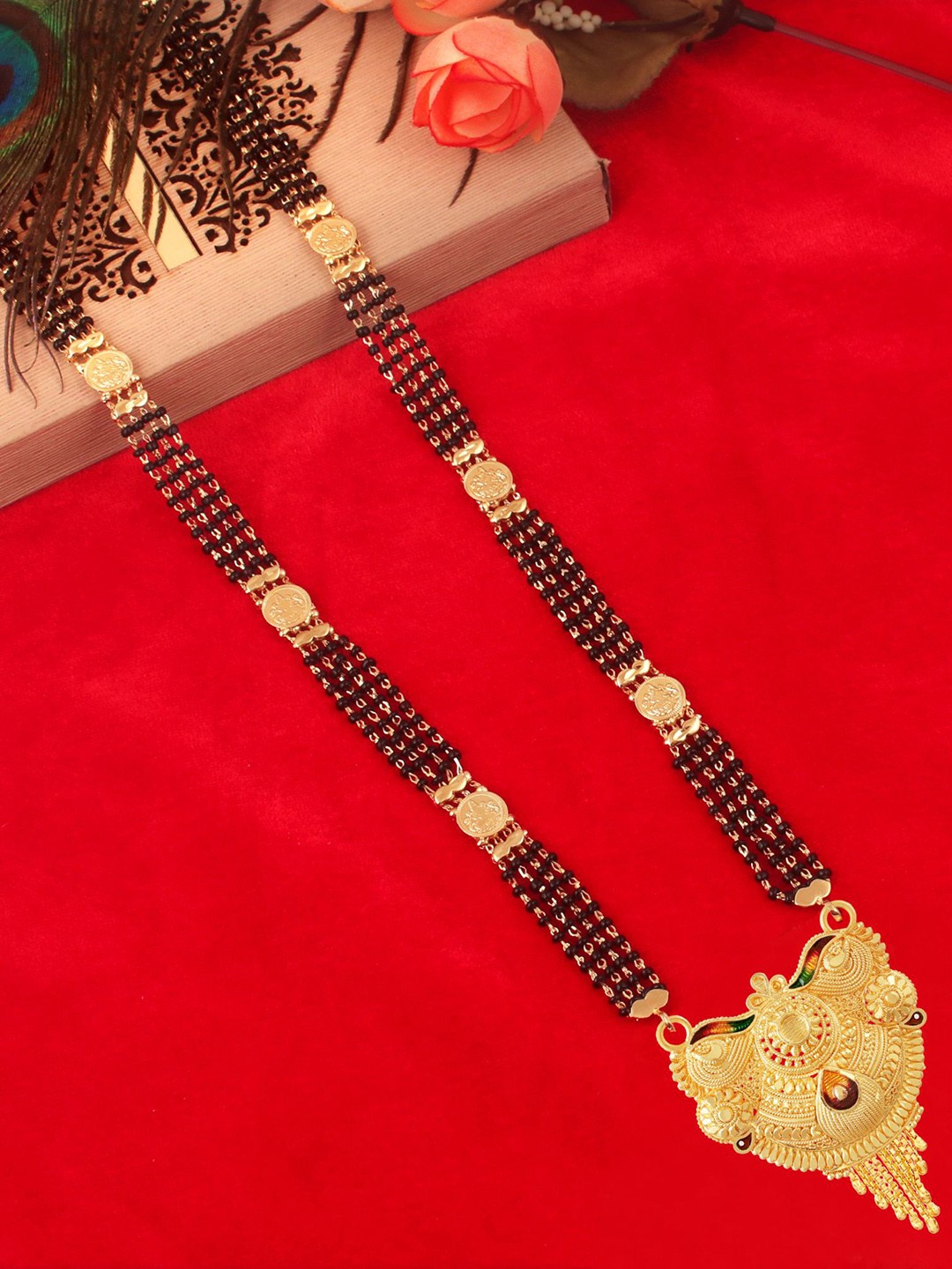 

MANSIYAORANGE Gold-Plated & Beaded Traditional Lakshmi Coin Design Long Mangalsutra