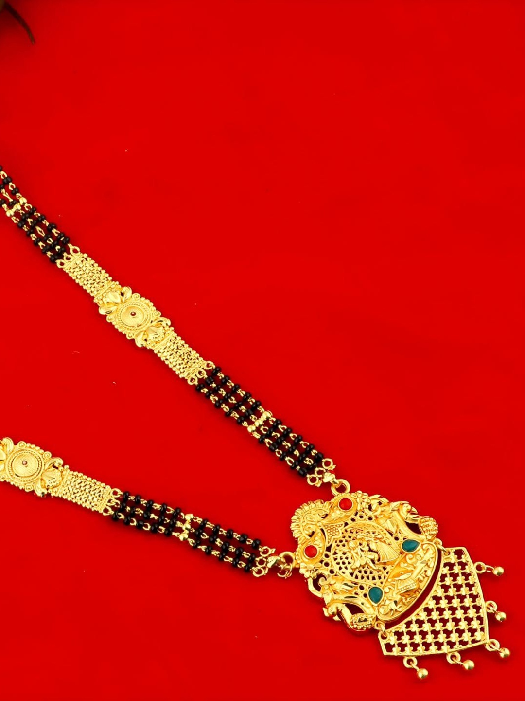 

MANSIYAORANGE Gold-Plated Stone Studded & Beaded Temple Theme Mangalsutra