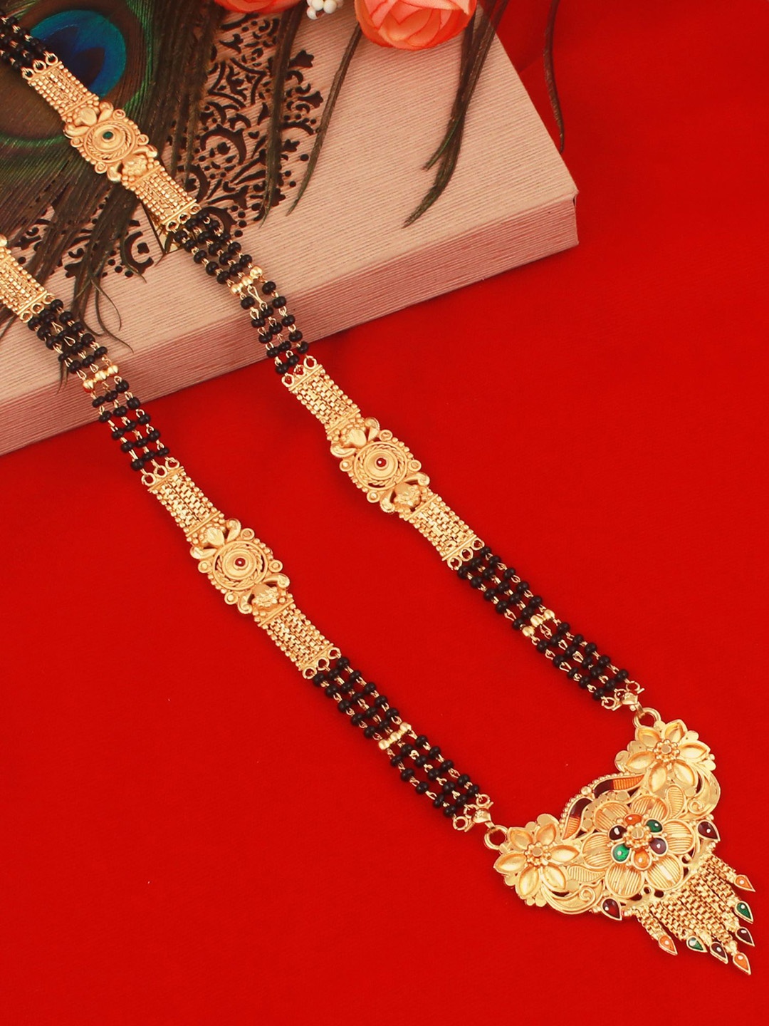 

MANSIYAORANGE Gold-Plated Beaded Traditional Filgree Design Mangalsutra