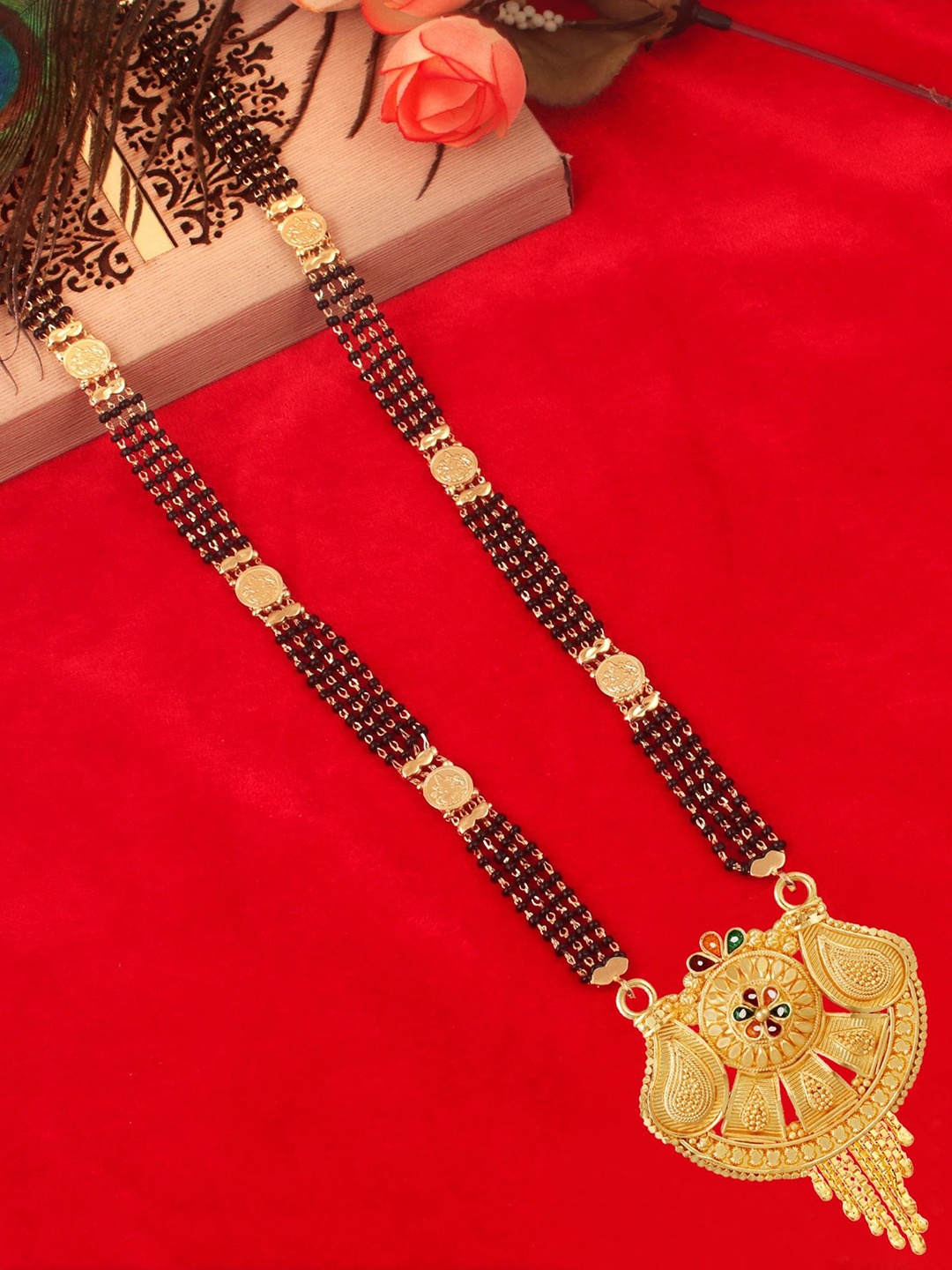 

MANSIYAORANGE Gold-Plated Beaded Maa Lakshmi Engraved Coin Mangalsutra