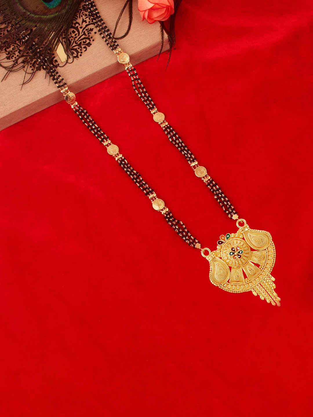 

MANSIYAORANGE Gold-Plated Stone-Studded & Black Beaded Mangalsutra