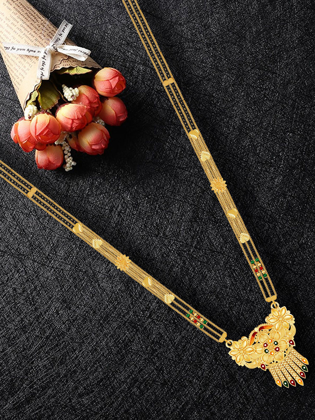 

MANSIYAORANGE Gold-Plated & Beaded Traditional Filgree Design Long Mangalsutra