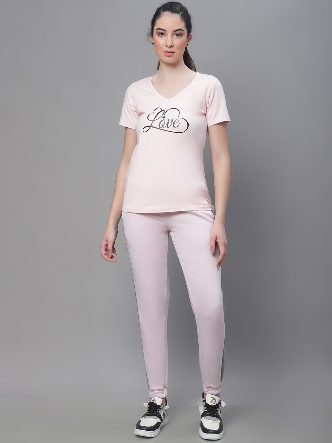 

Rute Women Typography Printed Cotton Sports T-shirt with Joggers, Pink