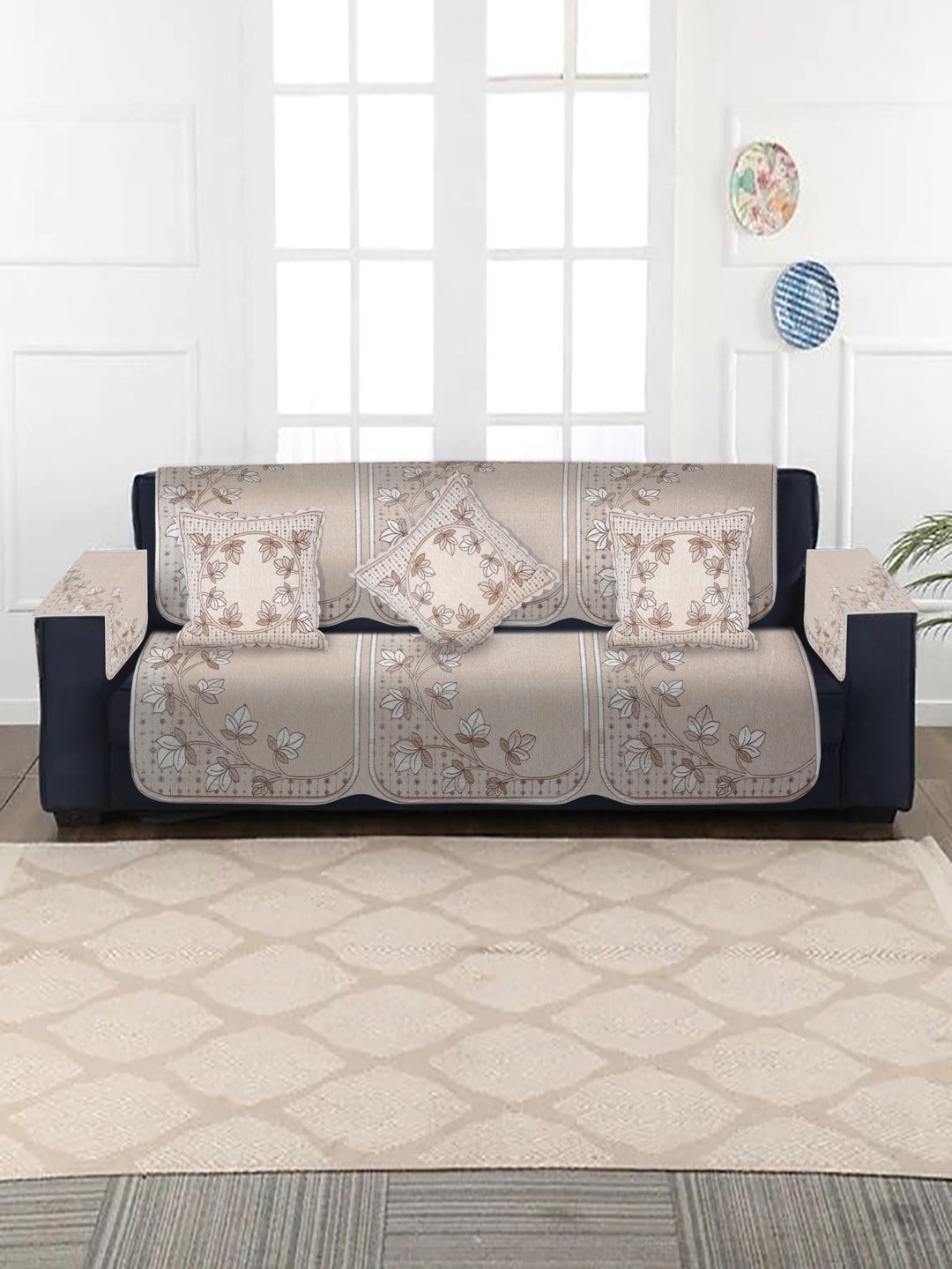 

MULTITEX Beige Printed 3-Seater Sofa Cover With Arms & 3-Pcs Cushions