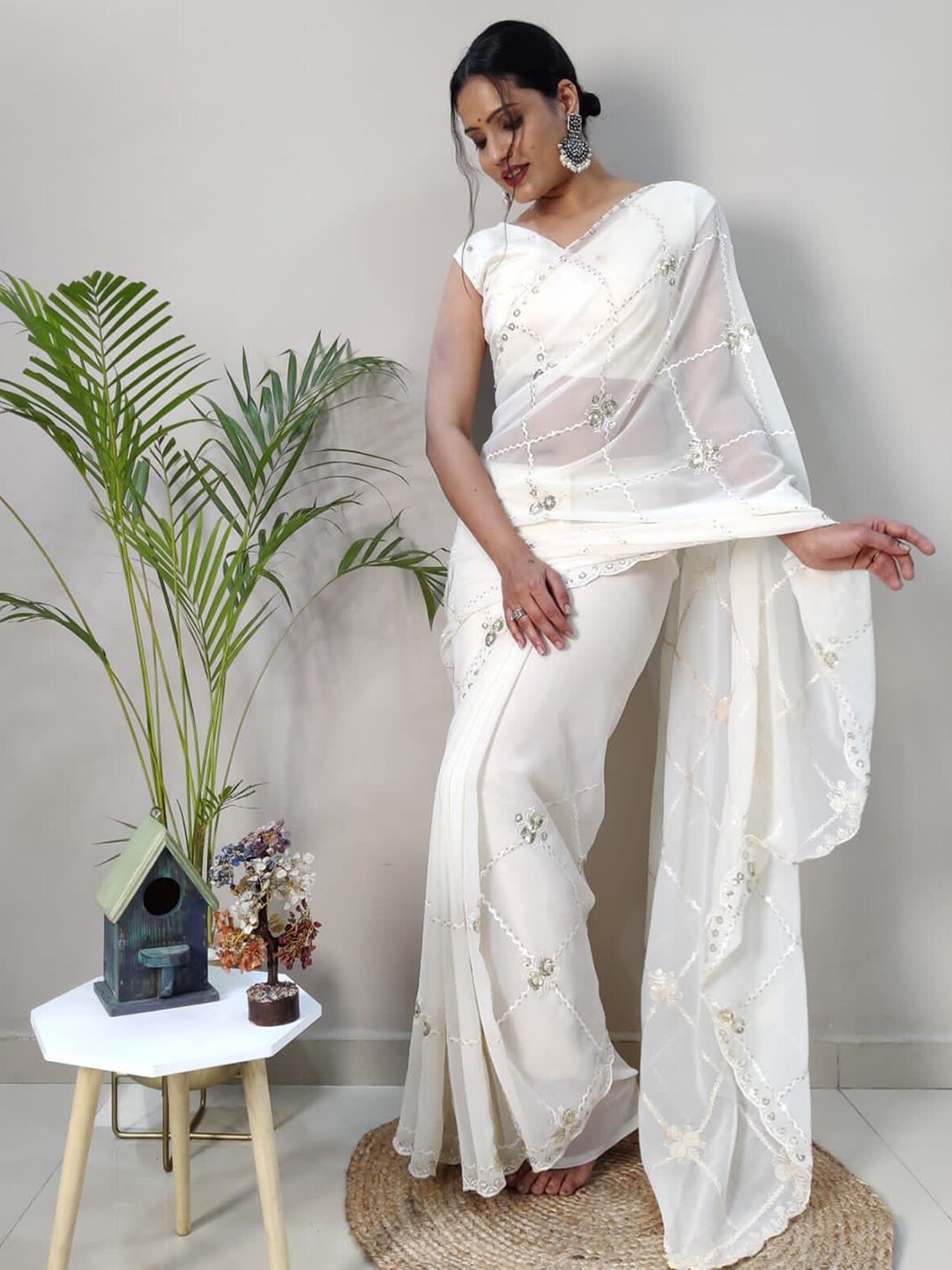 

ODETTE Sequinned Poly Georgette Saree, White