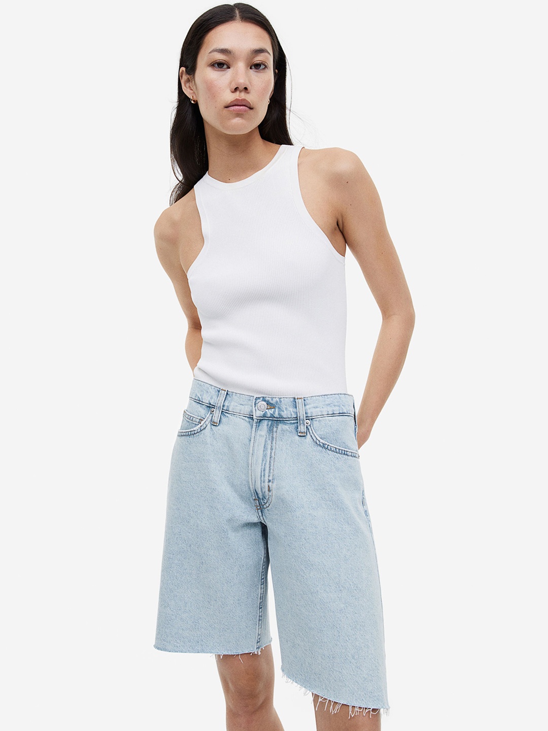 

H&M Women Low-Waisted Pure Cotton Bermuda Shorts, Blue