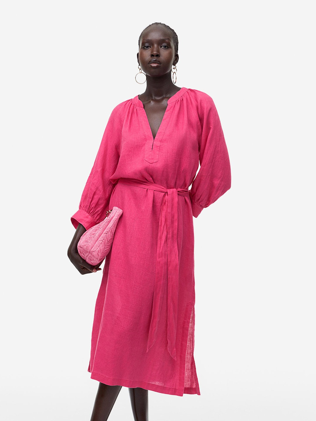 

H&M Pure Linen Tie-Belt Dress, Pink