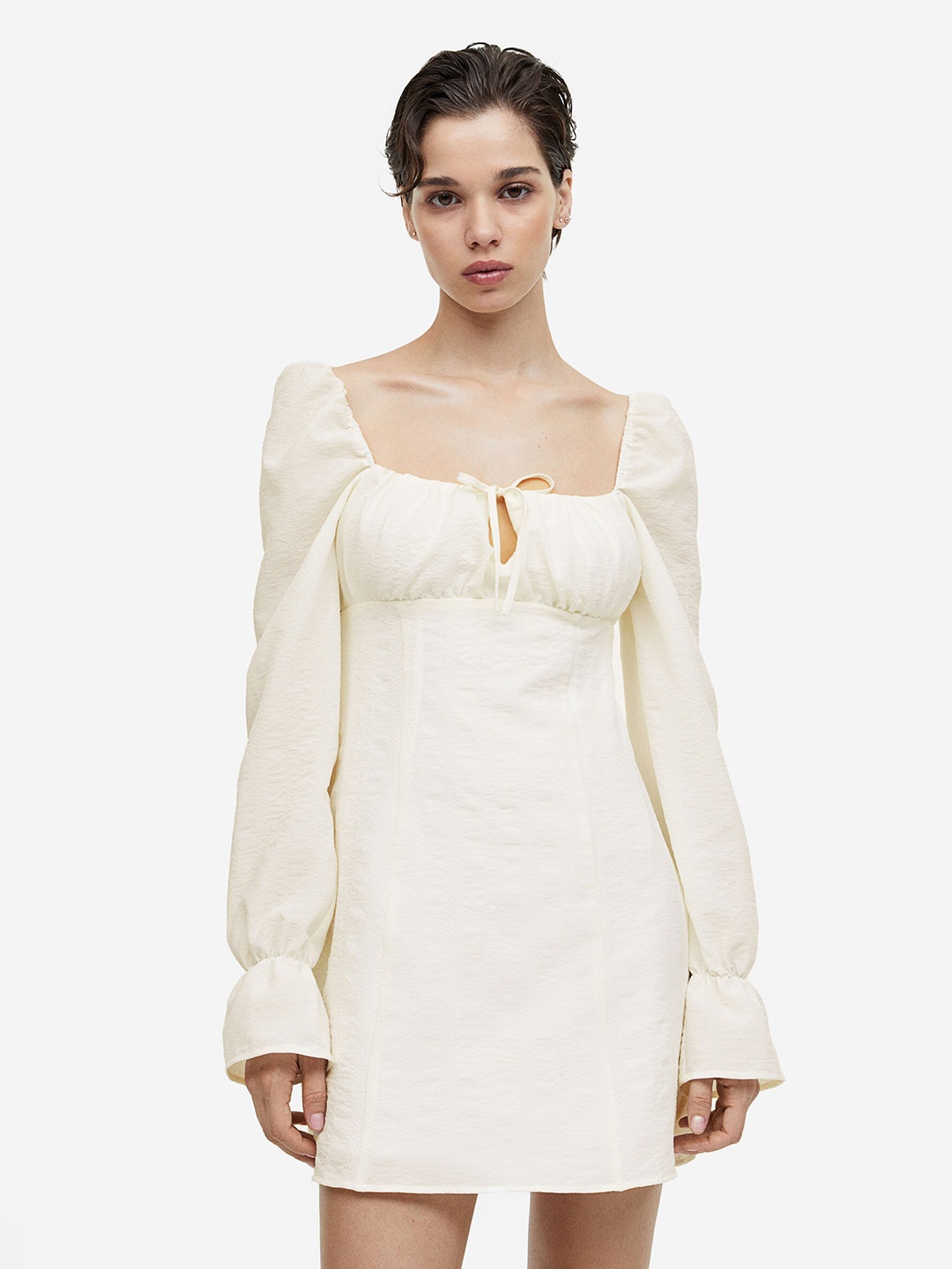 

H&M Puff-Sleeved Crepe Dress, White