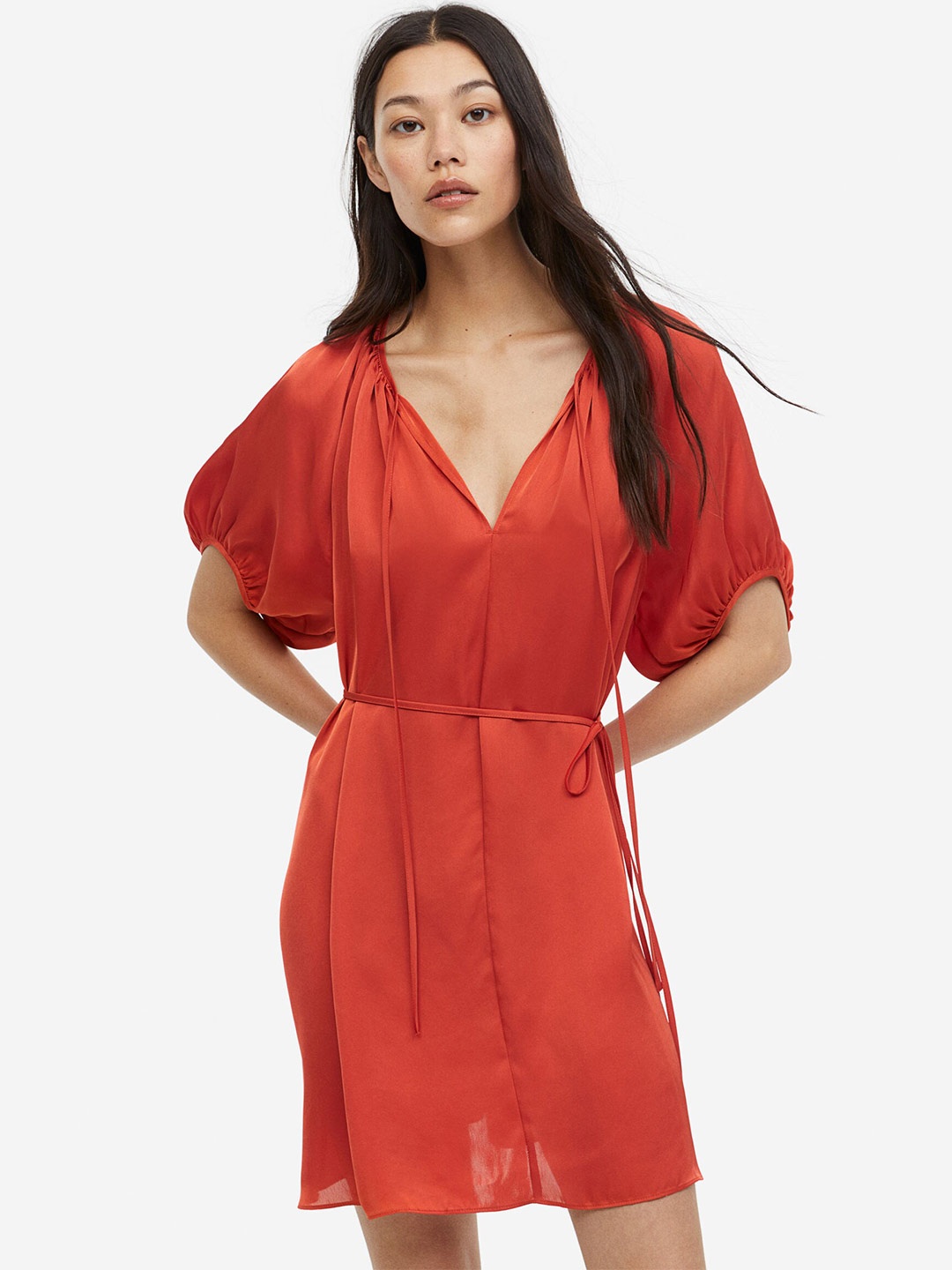 

H&M Tie-Detail Satin Dress, Orange