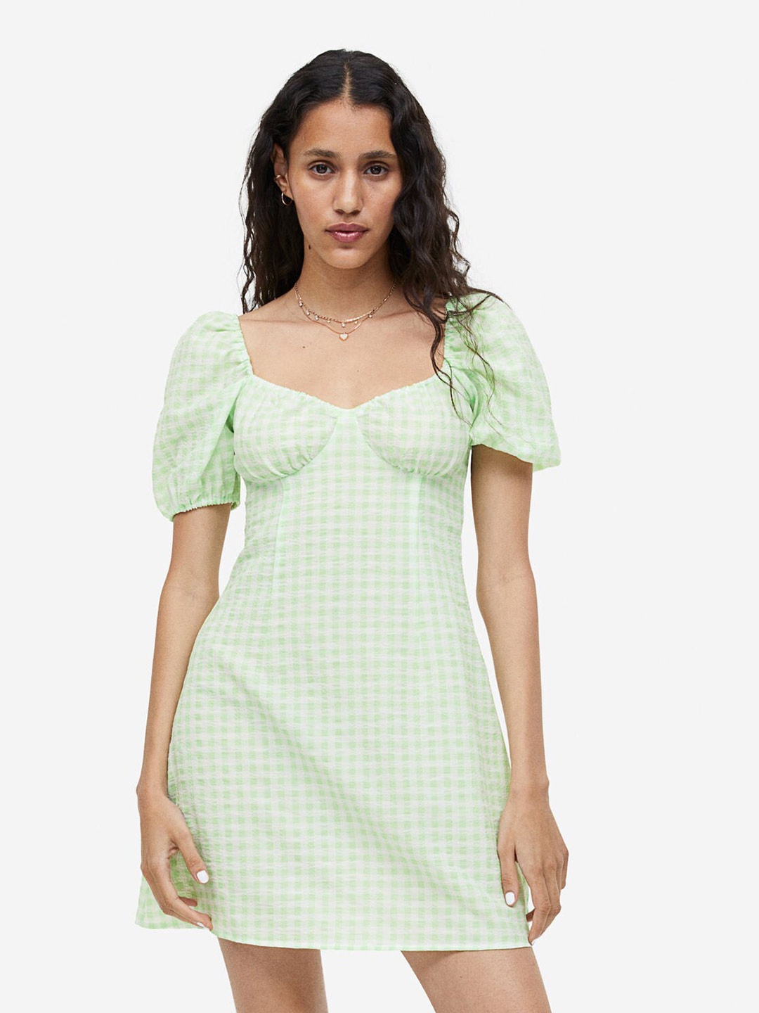 

H&M Puff-Sleeved Crepe Dress, Green