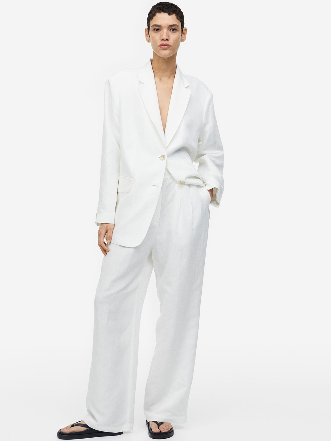 

H&M Women Wide Linen-Blend Trousers, White