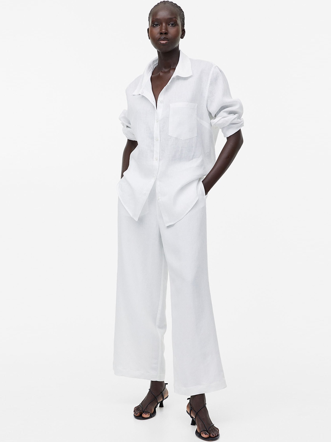 

H&M Women Cropped Linen-Blend Trousers, White