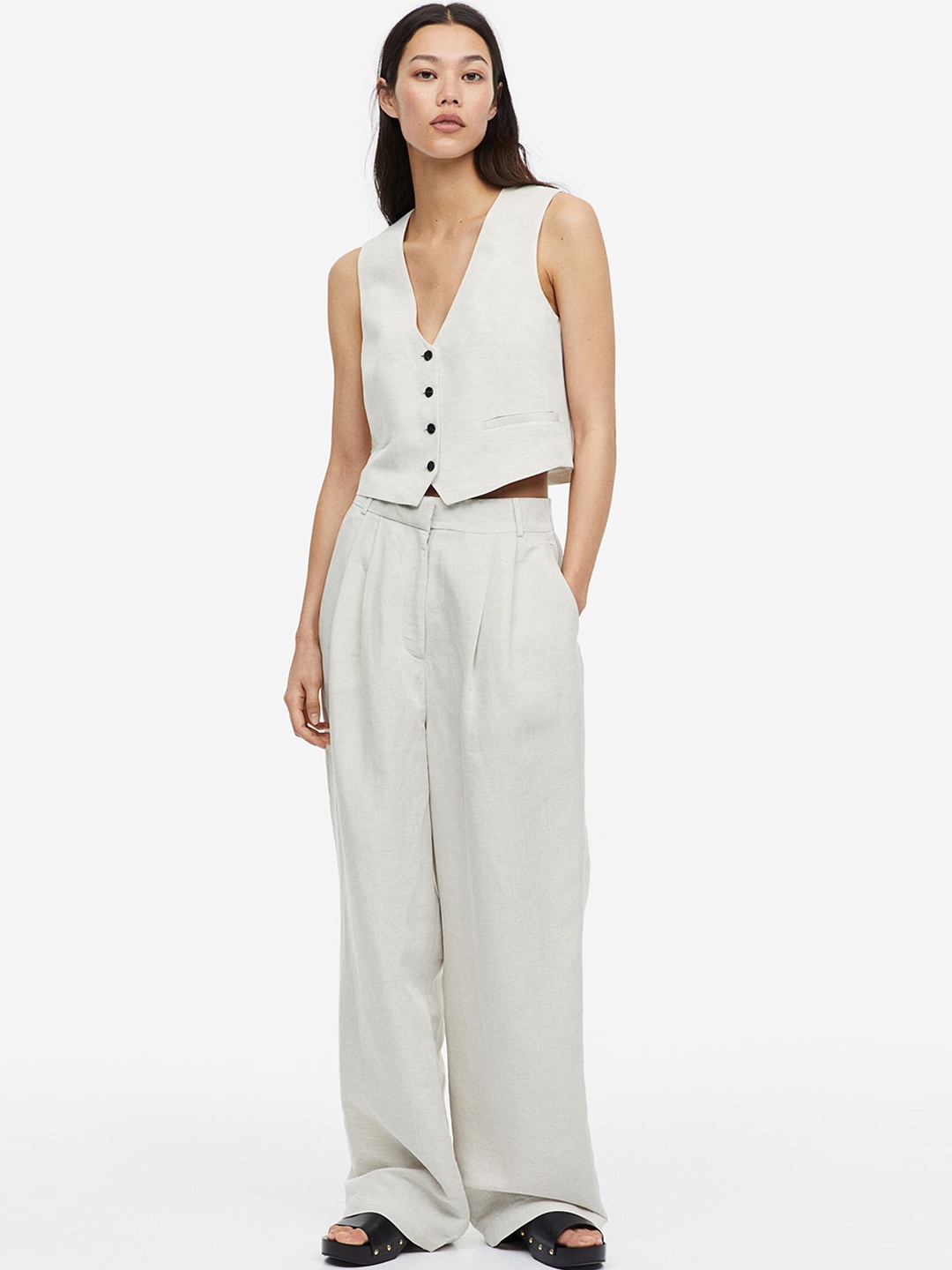 

H&M Women Wide Linen-Blend Trousers, Beige