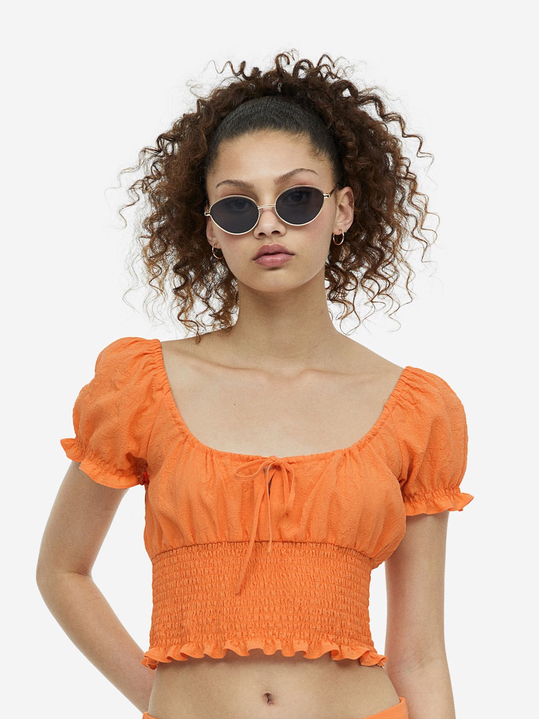 

H&M Puff-Sleeved Smocked Blouse, Orange