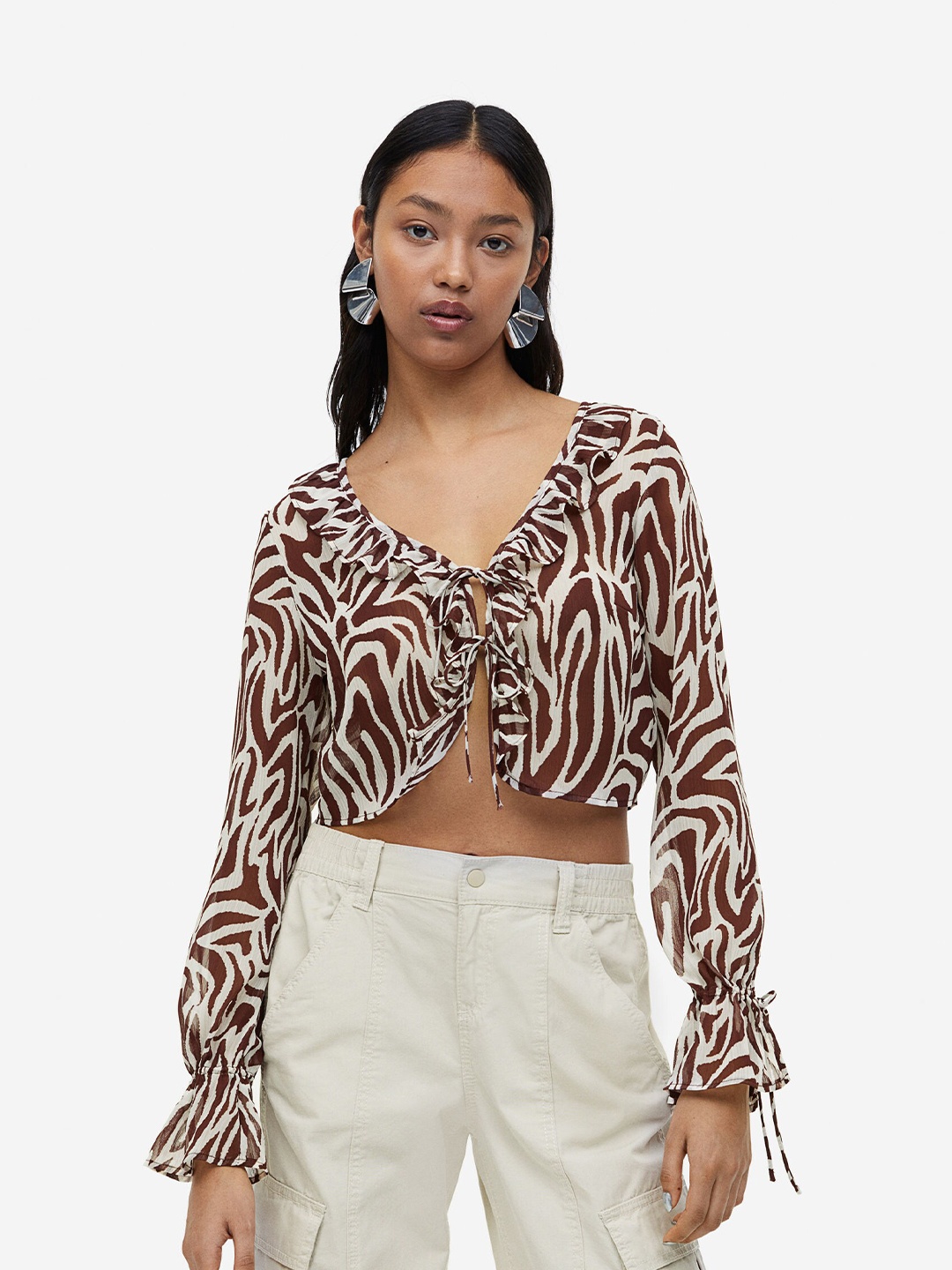 

H&M Frill-Trimmed Crepe Blouse, Brown