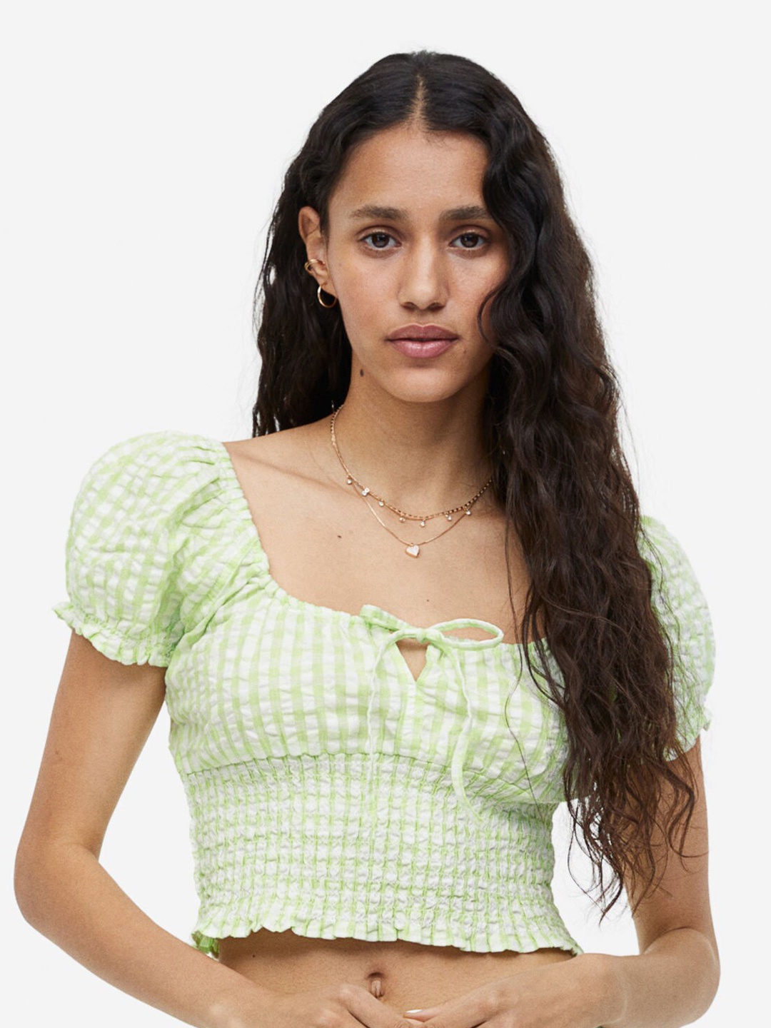 

H&M Puff-Sleeved Smocked Pure Cotton Blouse, Green