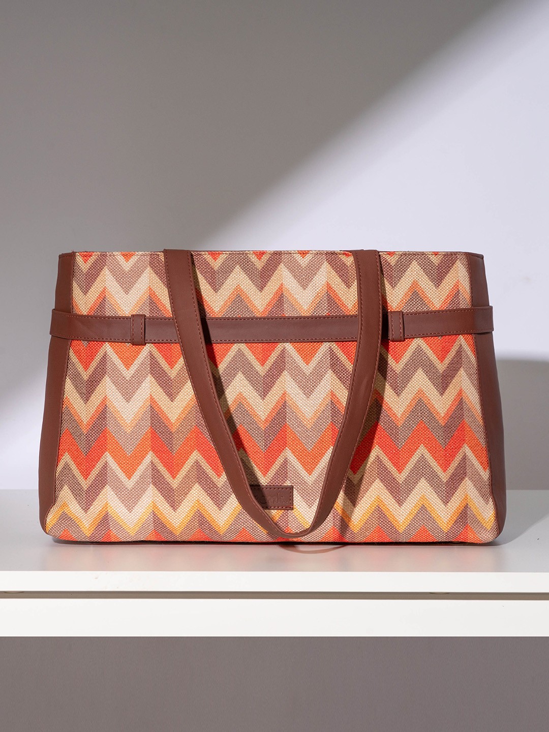 

ZOUK Geometric Printed Structured Shoulder Bag, Beige