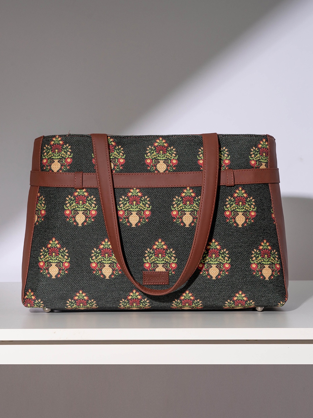 ZOUK Floral Printed Structured Tote Bag, Green
