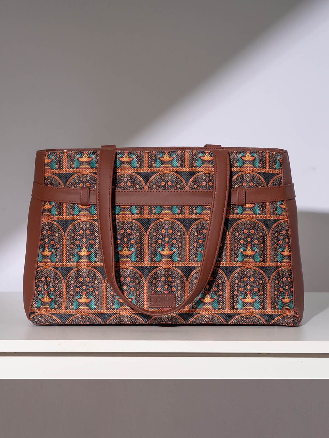 

ZOUK Ethnic Motifs Printed Oversized Structured Shoulder Bag, Brown