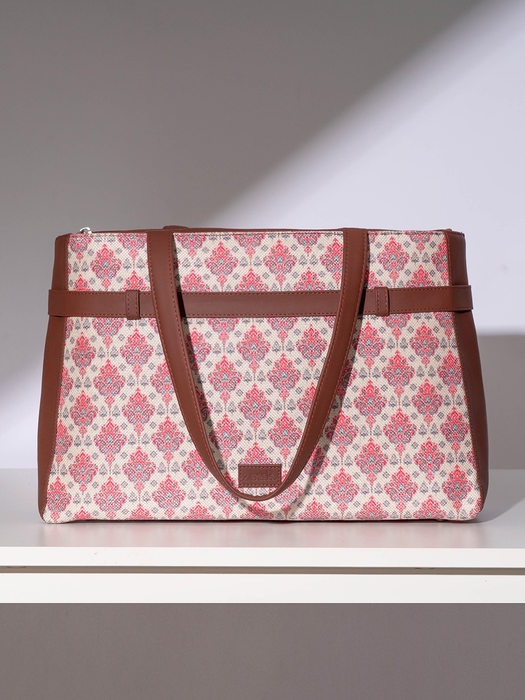

ZOUK White Ethnic Motifs Printed Structured Tote Bag