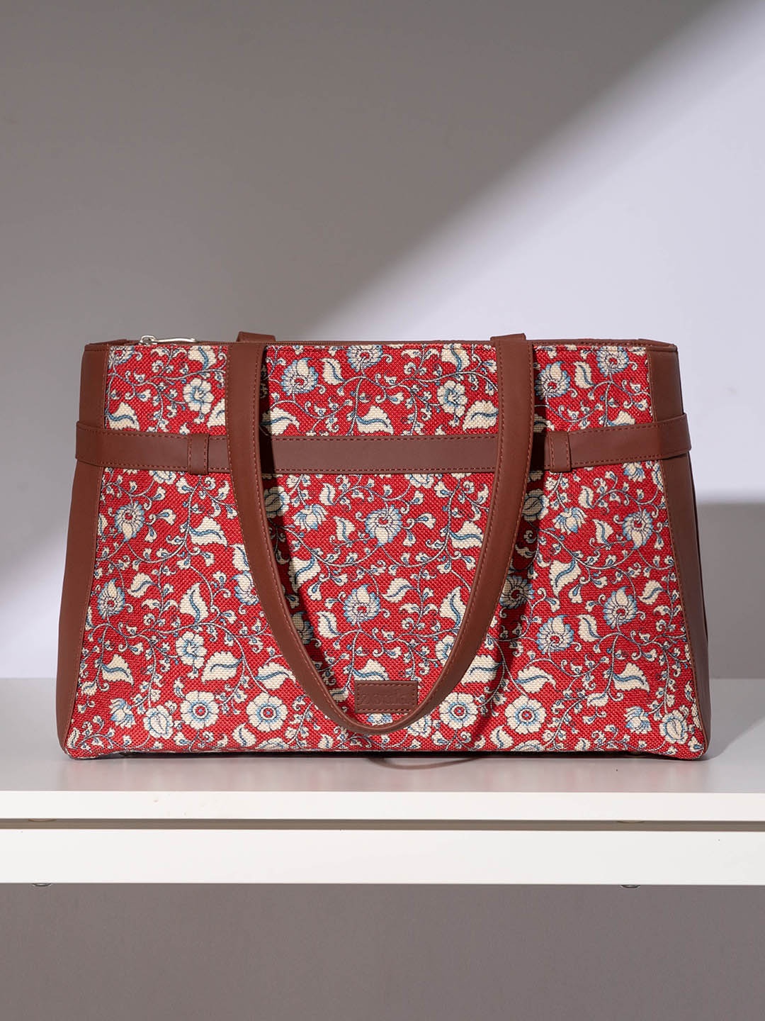 ZOUK Floral Printed Structured Tote Bag, Red