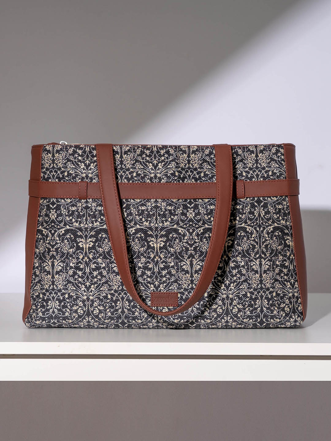 ZOUK Ethnic Motifs Printed Structured Tote Bag, Black