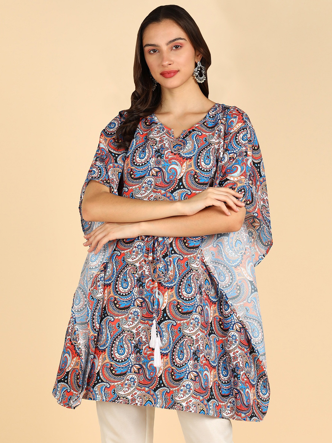 

ZNX Clothing Ethnic Motifs Printed Notched Neck Kaftan Kurti, Blue