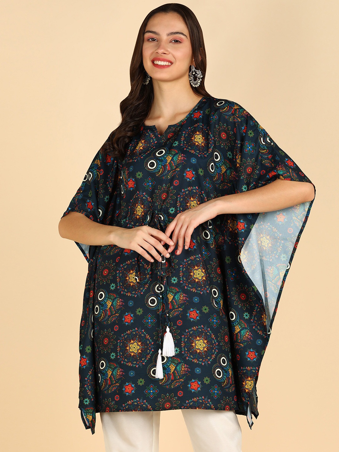 

ZNX Clothing Ethnic Motifs Printed V-Neck Kaftan Kurti, Black