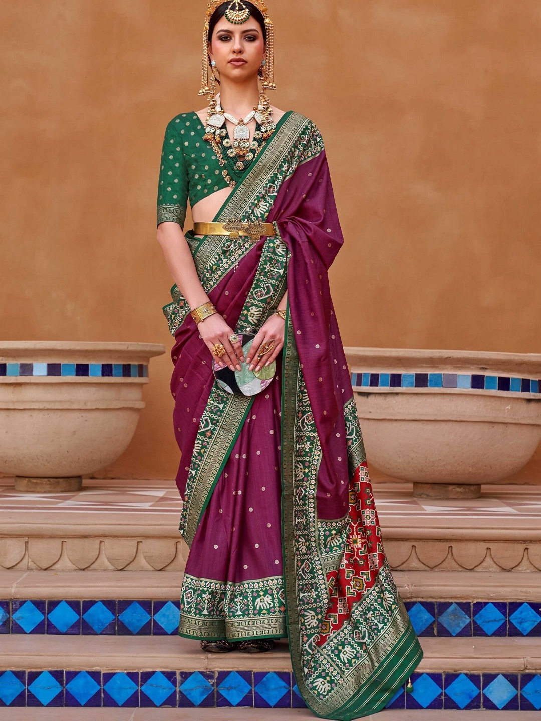 

Mitera Magenta & Green Ethnic Motifs Woven Design Silk Blend Patola Saree