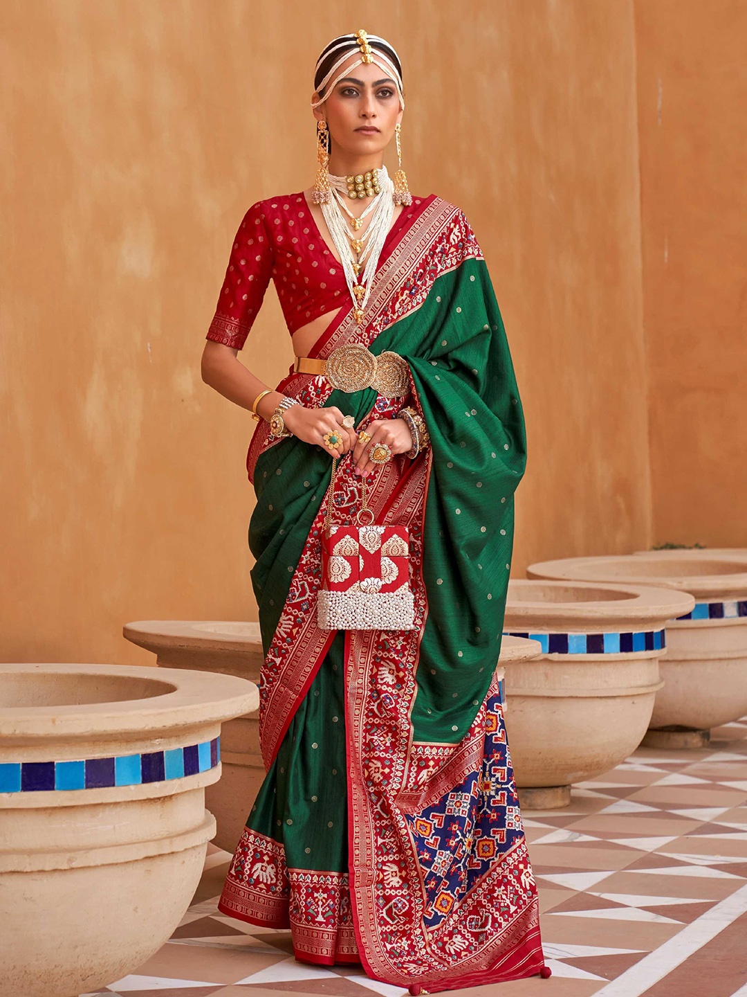 

Mitera Green & Red Ethnic Motifs Woven Design Silk Blend Patola Saree