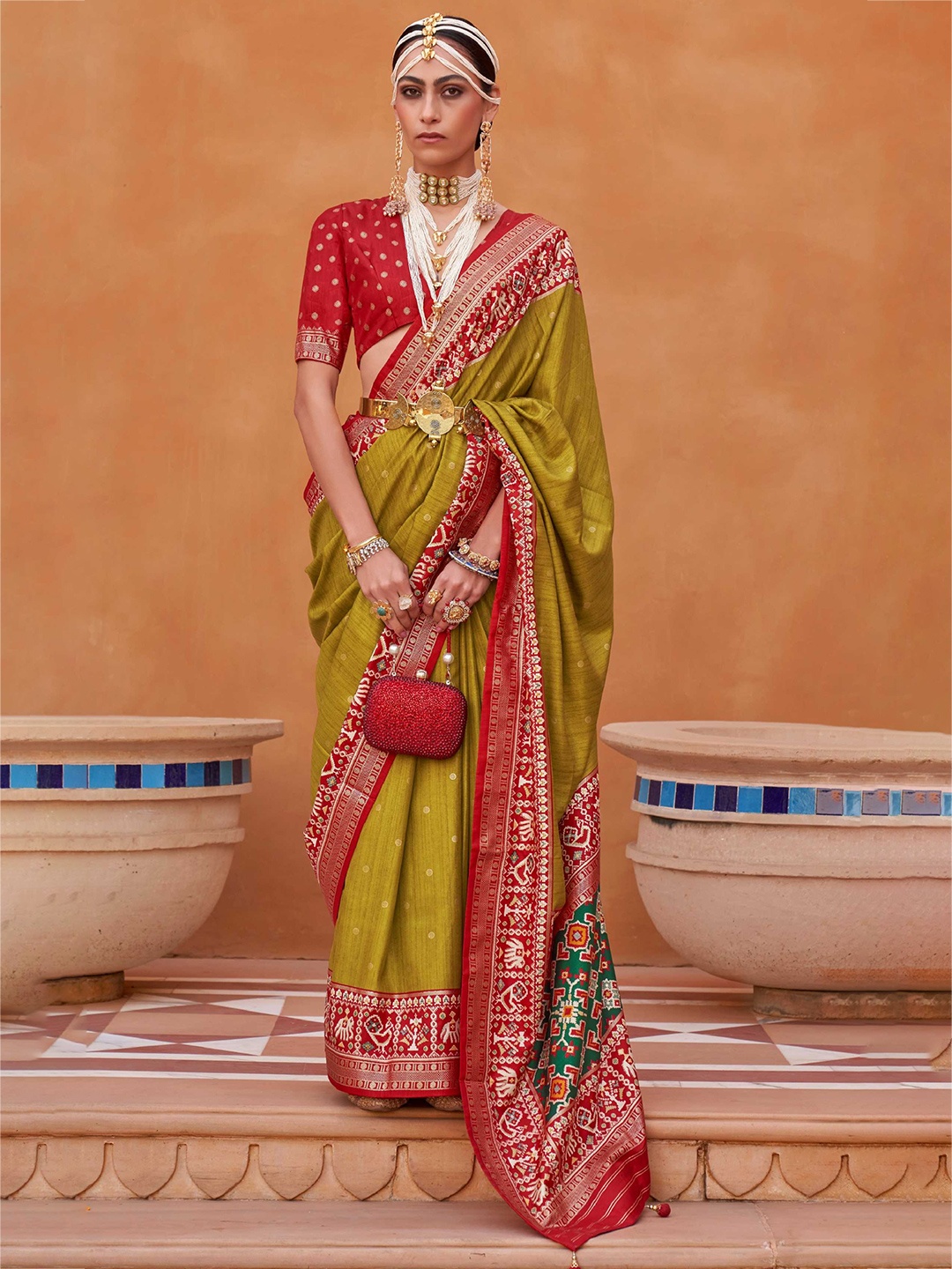 

Mitera Green & Red Ethnic Motifs Woven Design Silk Blend Patola Saree