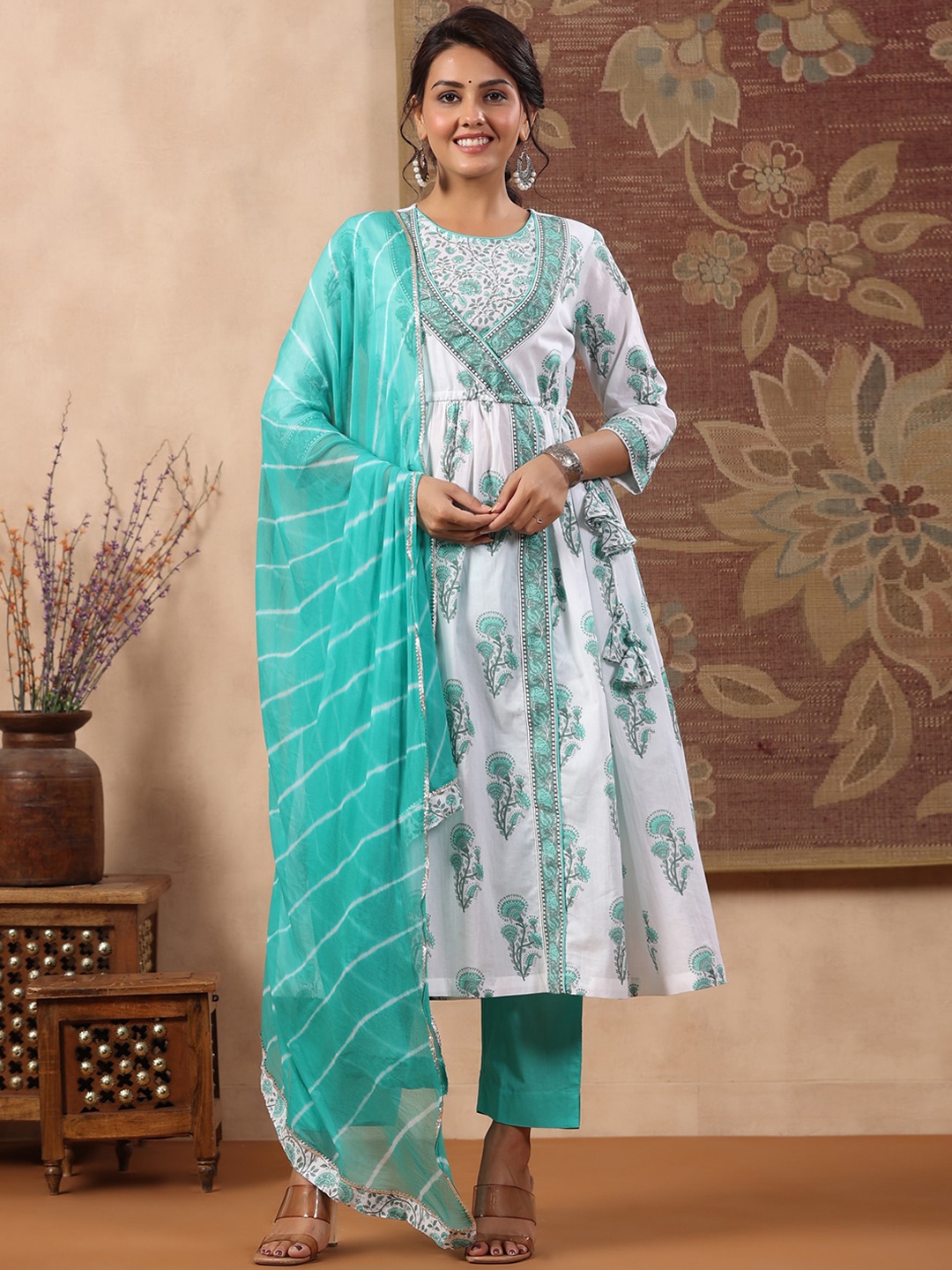 

Rain & Rainbow Floral Printed Angrakha Pure Cotton Kurta with Trousers & With Dupatta, Teal