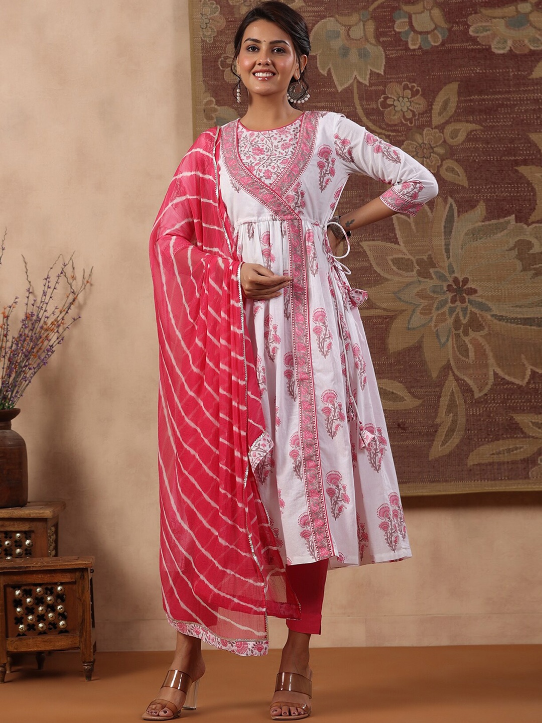 

Rain & Rainbow Floral Printed Angrakha Pure Cotton Kurta with Trousers & With Dupatta, Fuchsia