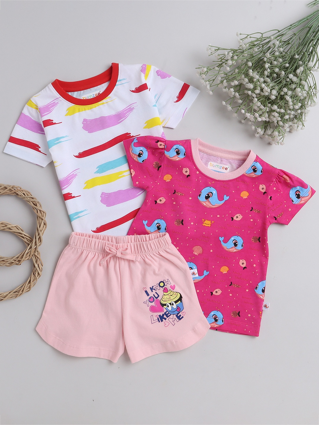 

BUMZEE Infant Girls Pack of 3 Pure Cotton Printed T-Shirt With Shorts, Pink