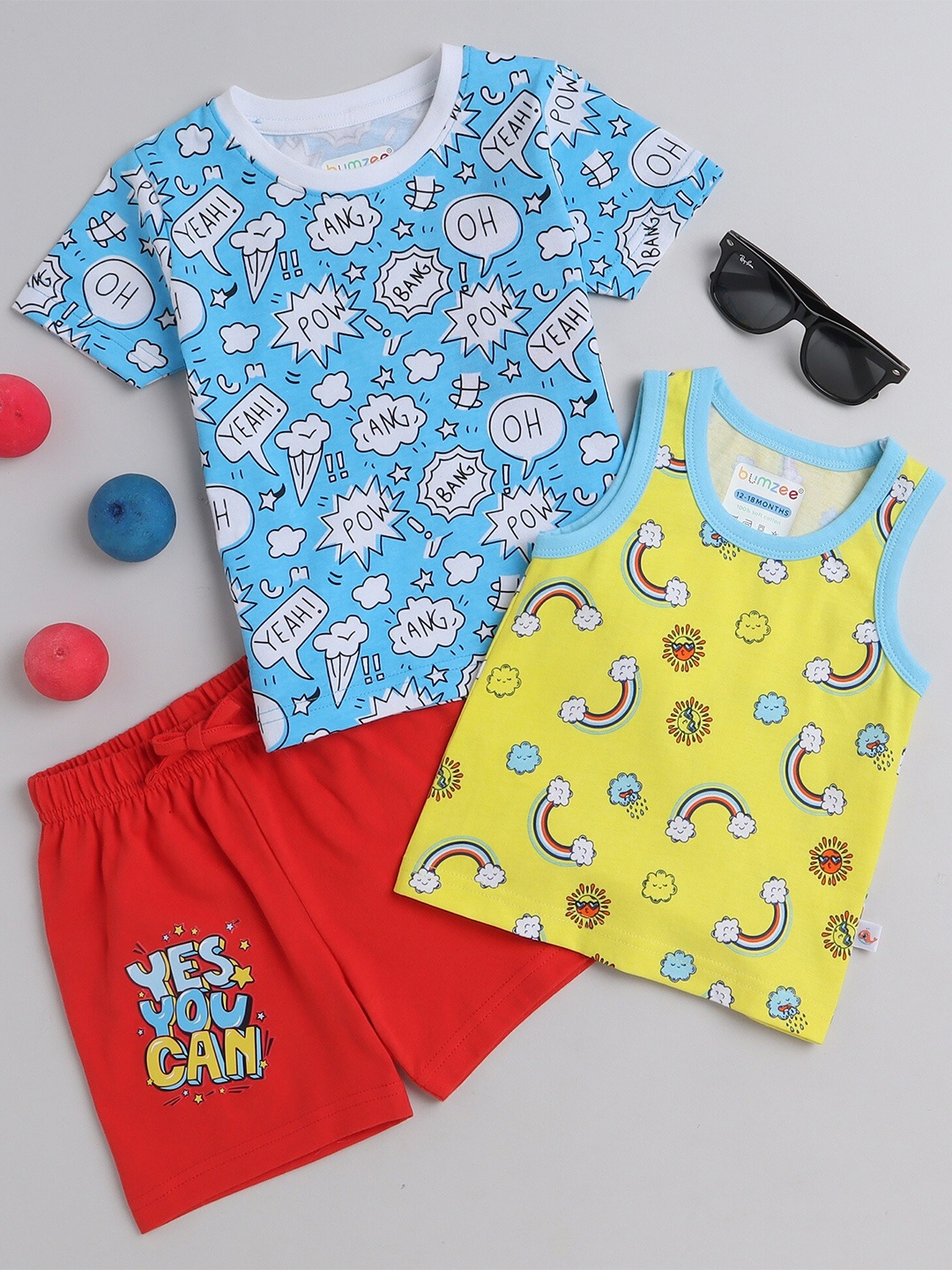 

BUMZEE Boys Pack Of 3 Printed Pure Cotton T-shirt with Shorts Clothing Set, Blue