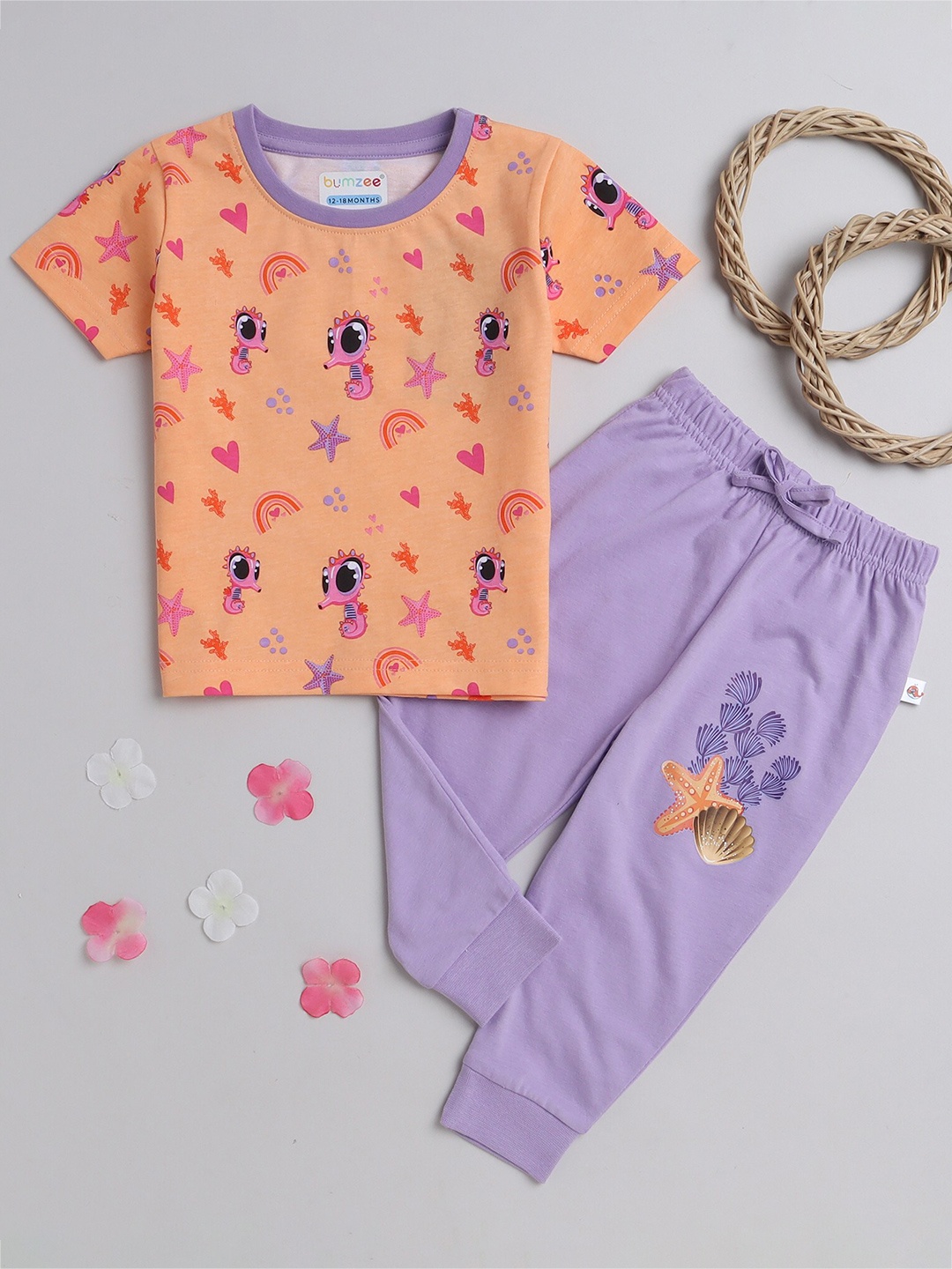 

BUMZEE Infant Girls Printed Pure Cotton T-shirt with Pyjama, Orange