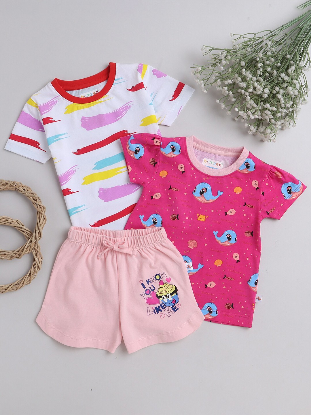 

BUMZEE Pack Of 3 Girls Pure Cotton Printed T-shirt With Shorts, Pink