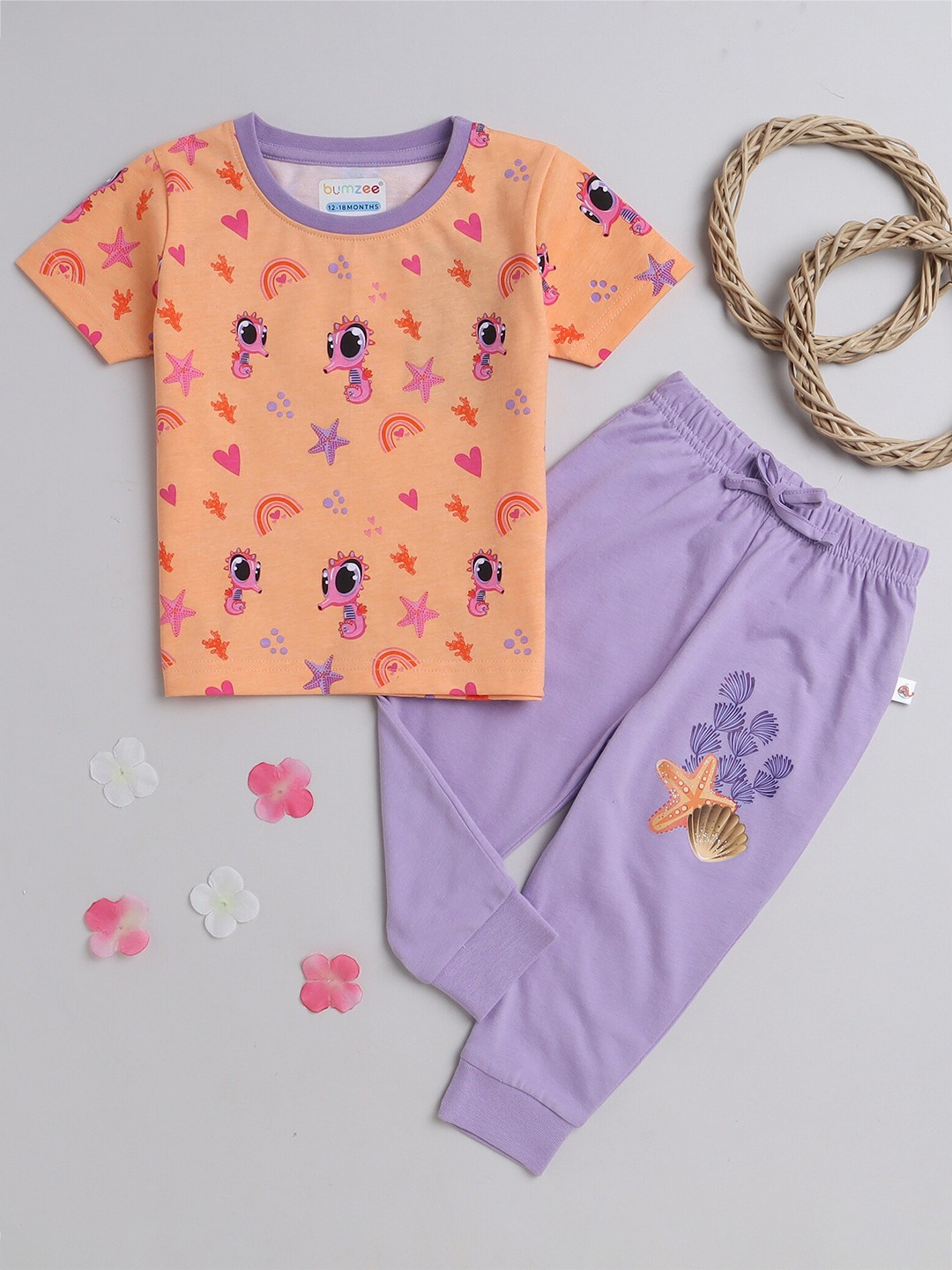 

BUMZEE Girls Printed Pure Cotton T-shirt with Pyjamas Clothing Set, Orange