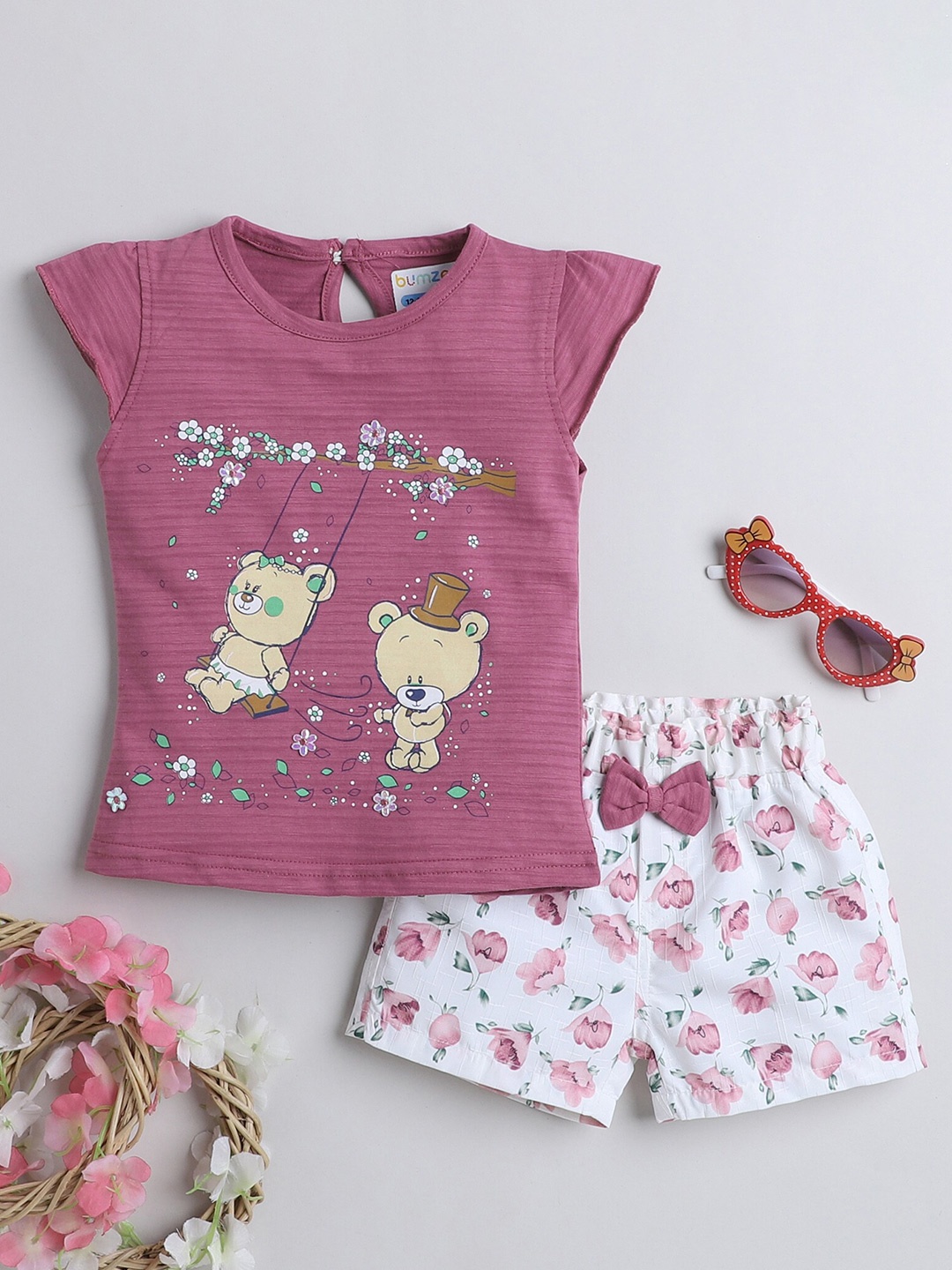 

BUMZEE Girls Printed Pure Cotton T-shirt With Shorts, Mauve
