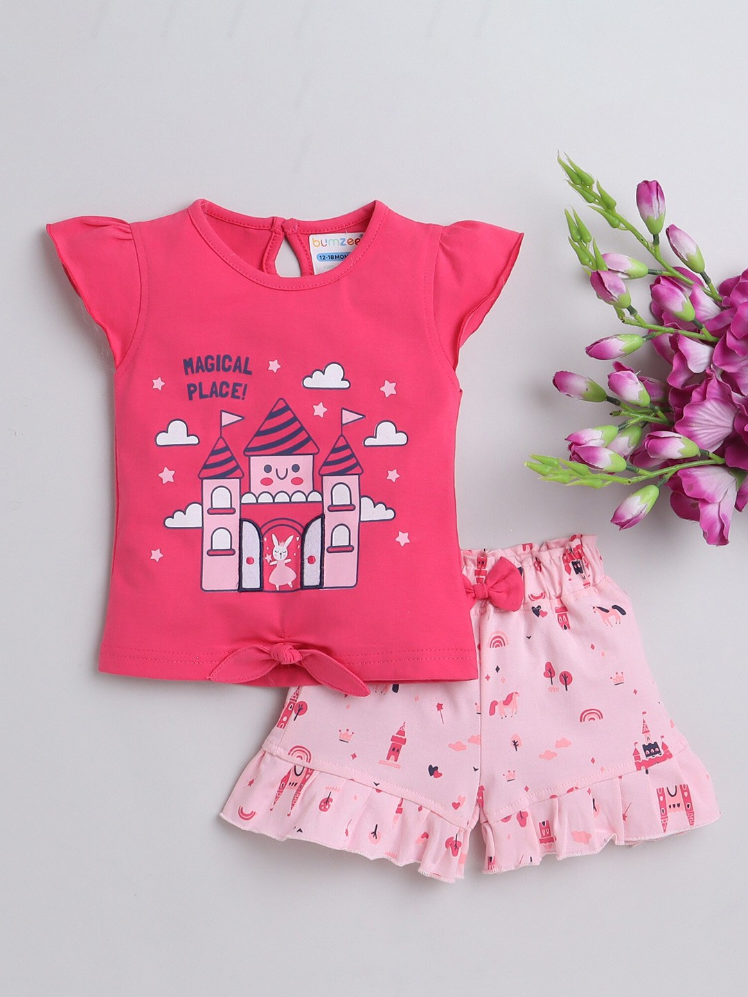 

BUMZEE Infant Girls Printed Pure Cotton Top with Shorts Clothing Set, Pink
