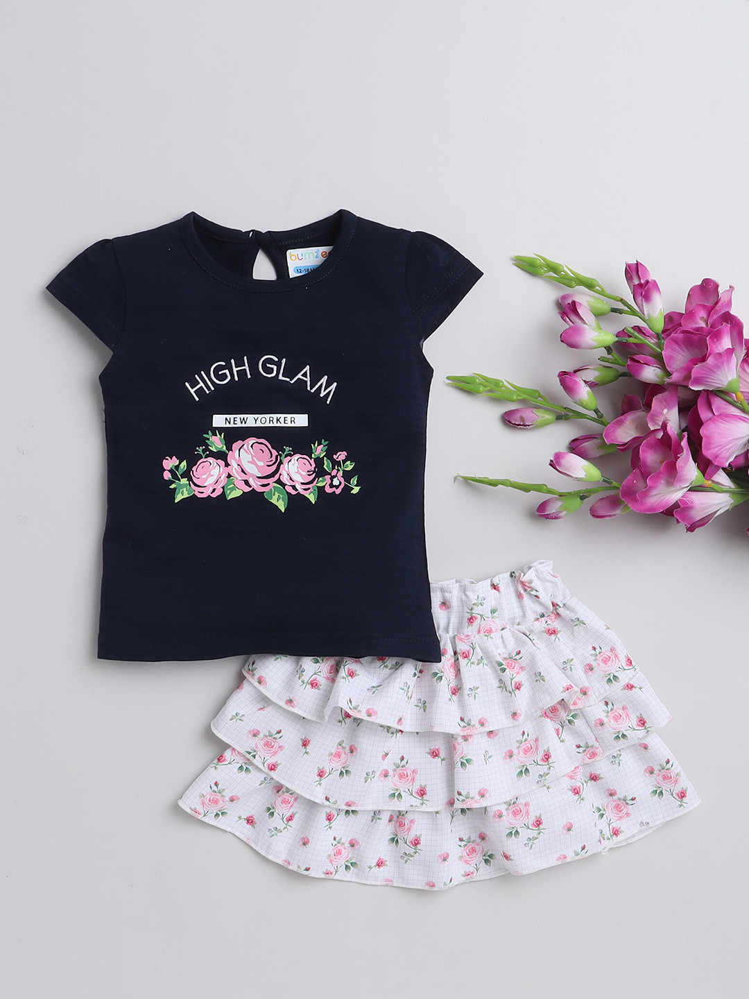 

BUMZEE Girls Printed Pure Cotton Cap Sleeve T-Shirt With Skirt, Navy blue