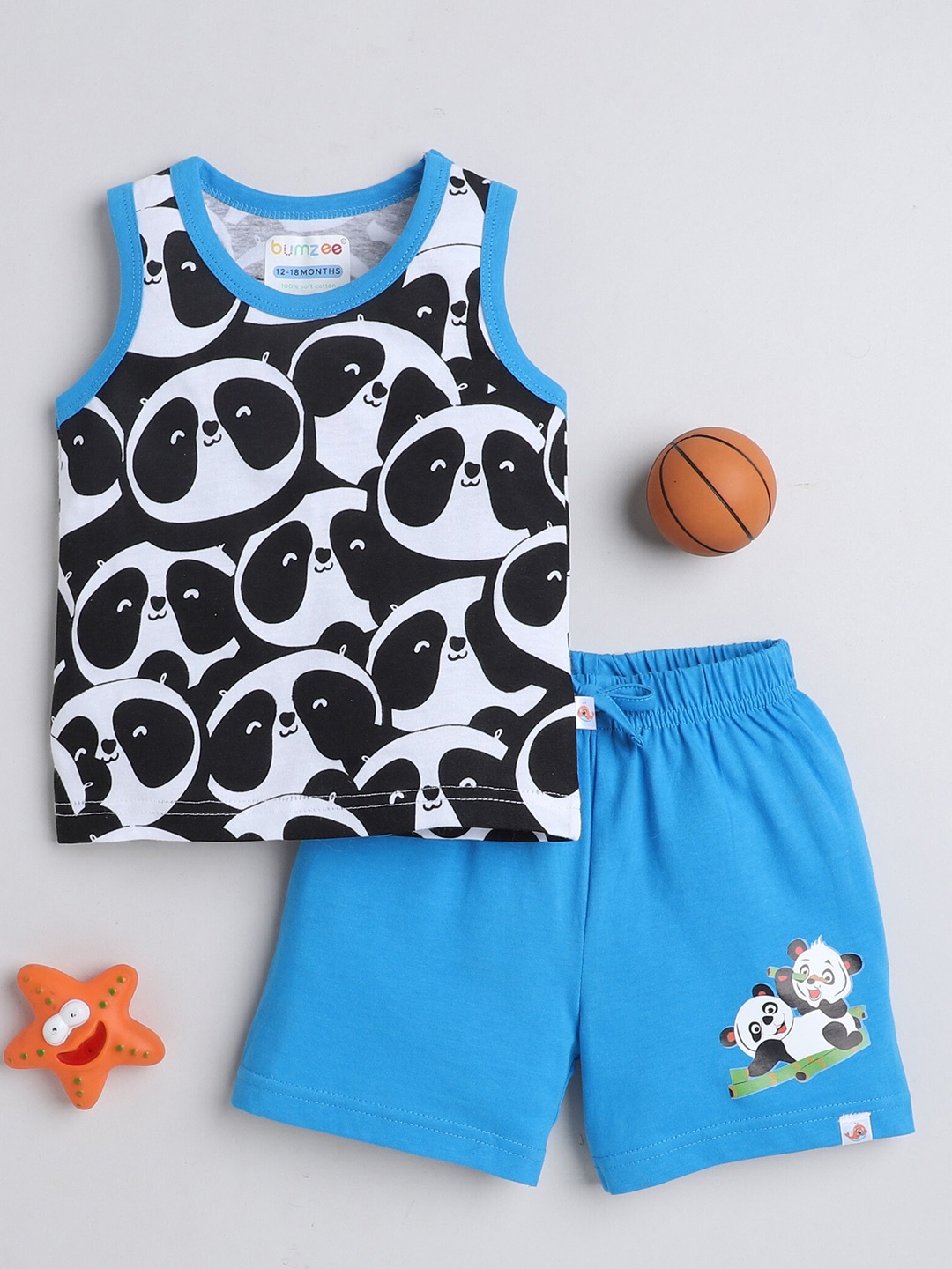

BUMZEE Boys Printed Pure Cotton T-shirt with Shorts, Black