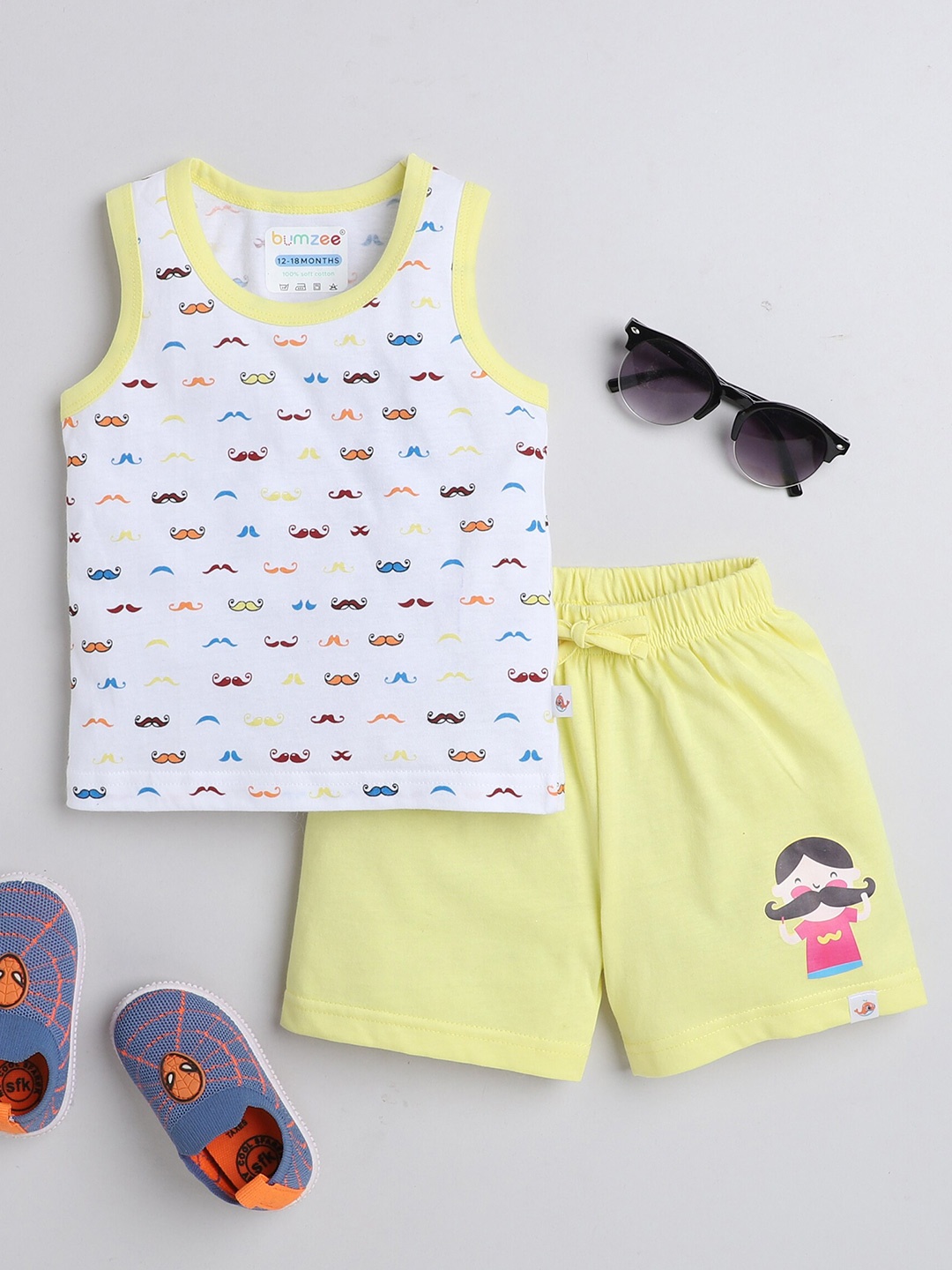 

BUMZEE Boys Printed Pure Cotton T-shirt With Shorts, White